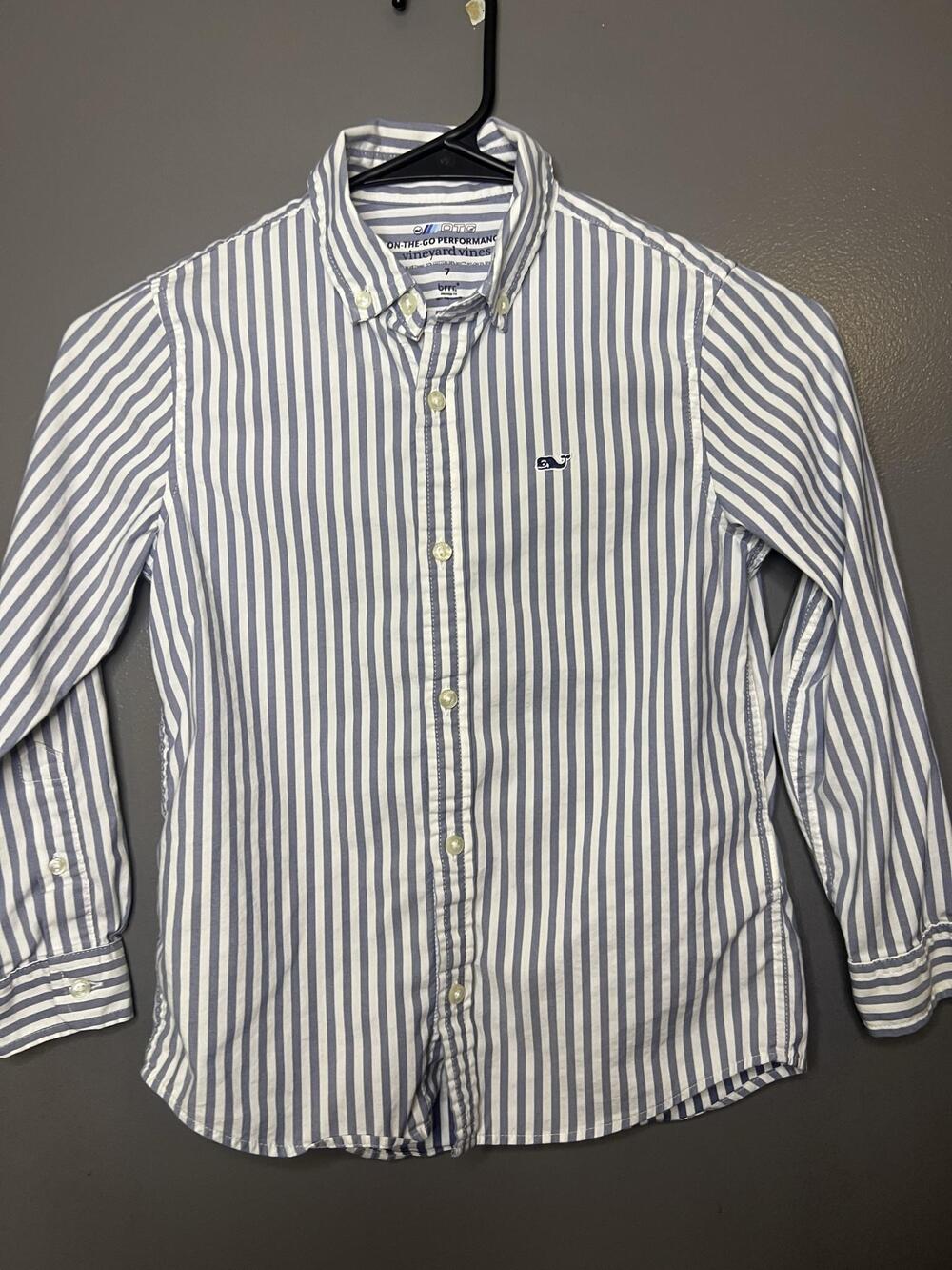 Vineyard Vines Shirt Boys 7 Blue White Stripe Button Up Long Sleeve OTG